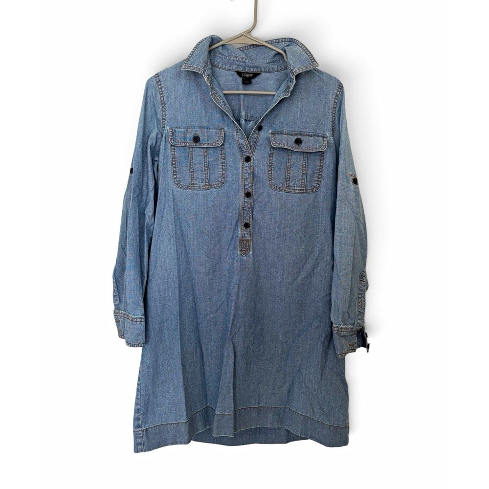J.CREW Blue Chambray Button-Front Collared Shirt Dress Pockets Womens Size S
